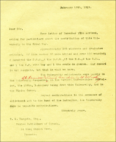 Letter from T.G. Marquis of United Publishers of Canada, to President Walter Murray, 